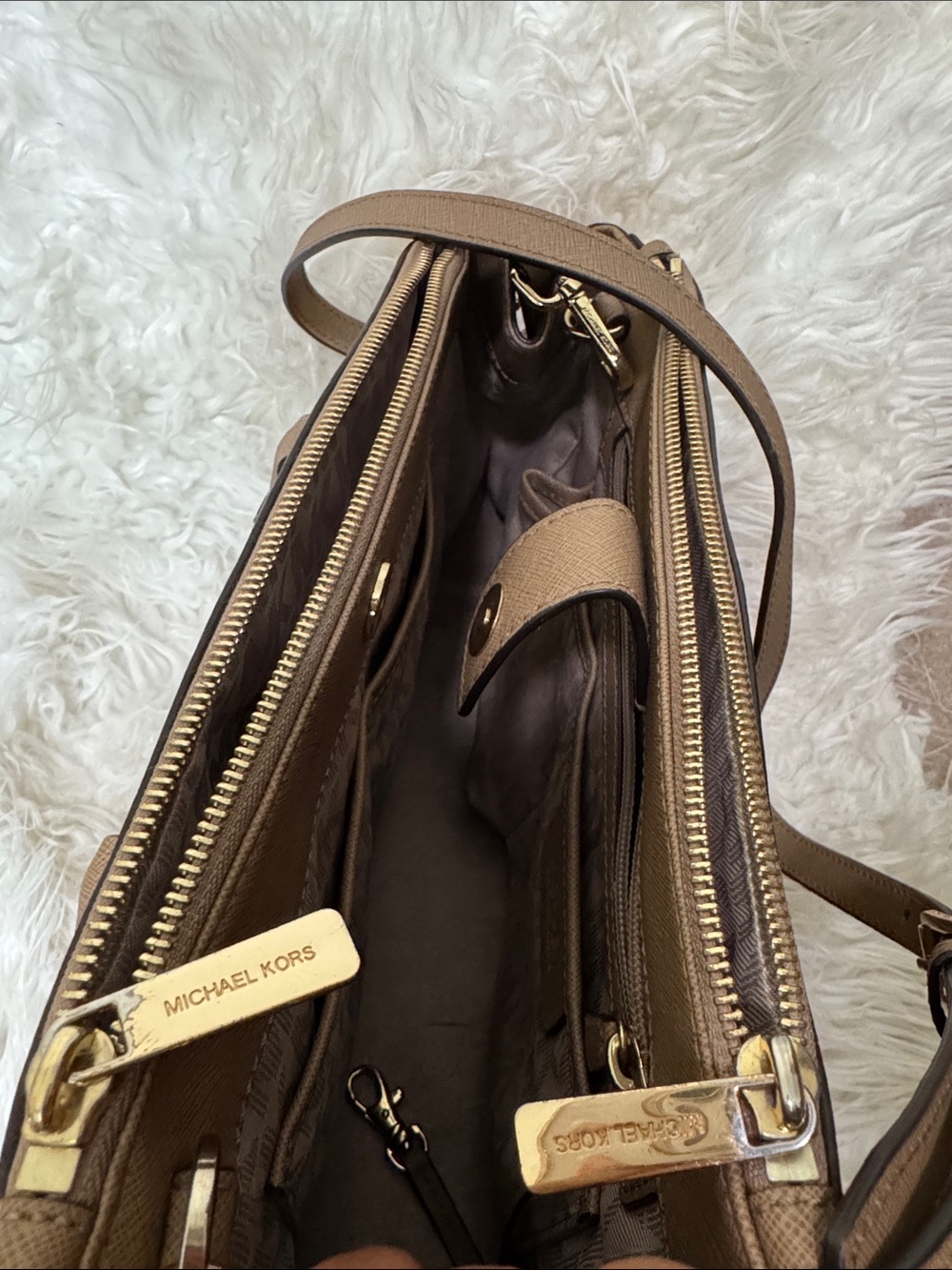 MICHAEL KORS Taupe Saffiano Leather Satchel with Gold Hardware - Picture 6 of 10